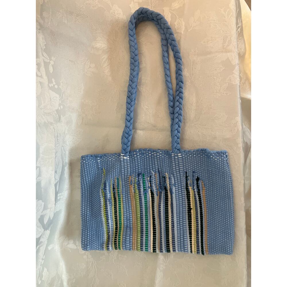Handmade Woven Blue Tote Purse Boho Double Handle 11x8 Drop 11"